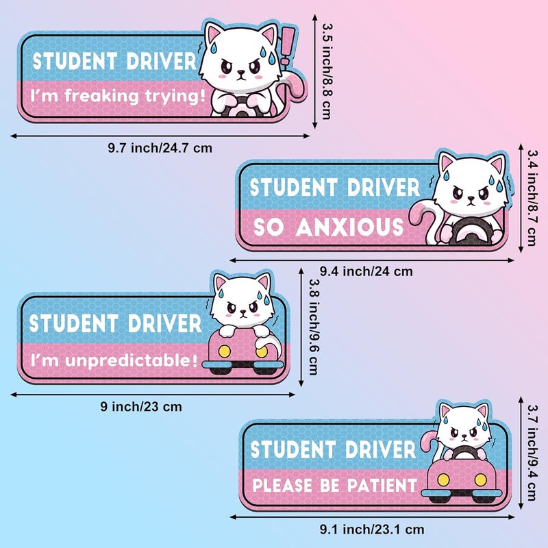 CNhoqc New Driver Car Magnet - 4pcs Cute Nervous Cat New Driver Car Rectangle Reflective Reusable Movable Funny Magnet Sticker for Bumper Please Be Patient Student Driver Safety Warning Attention Sign - Image 2